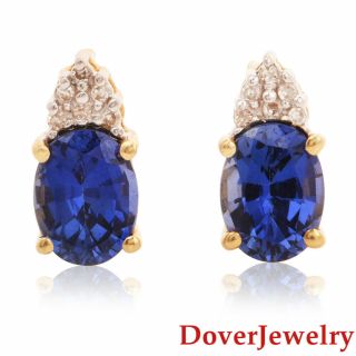 Estate Diamond Blue Sapphire 14k Yellow Gold Cluster Stud Earrings Nr