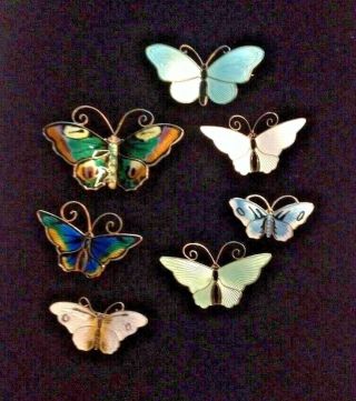 7 Silver Enamel Butterfly Pins Norway Denmark