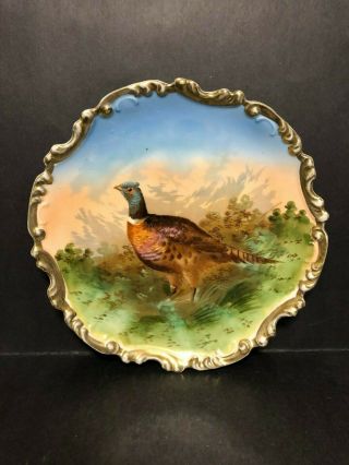 Rare Antique C.  1900 Old Porcelain Elaborate Charger Plate Pheasant 24k Gold Rim