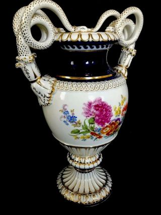Jumbo Size Antique Meissen Porcelain Snake Urn Cobalt Blue Flowers Masterwork