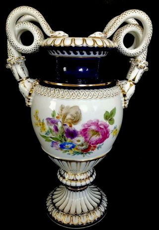 Jumbo Size Antique meissen porcelain Snake Urn Cobalt Blue Flowers Masterwork 2