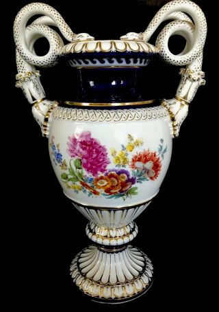Jumbo Size Antique meissen porcelain Snake Urn Cobalt Blue Flowers Masterwork 3