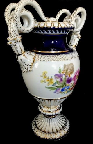 Jumbo Size Antique meissen porcelain Snake Urn Cobalt Blue Flowers Masterwork 4
