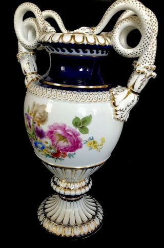 Jumbo Size Antique meissen porcelain Snake Urn Cobalt Blue Flowers Masterwork 5