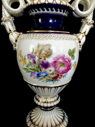 Jumbo Size Antique meissen porcelain Snake Urn Cobalt Blue Flowers Masterwork 7