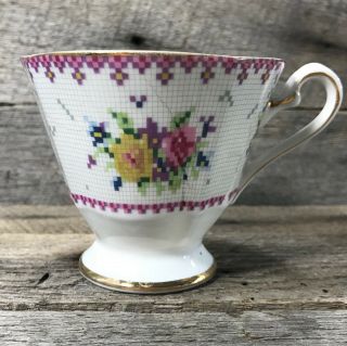 Antique/ Vintage Porcelain Tea Cup With Floral Petite Point Cross Stich Pattern