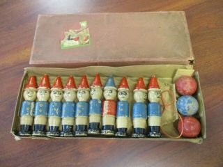 Vintage Early Wooden Hand Painted Soldiers / Skittles Bowling With Balls & Box