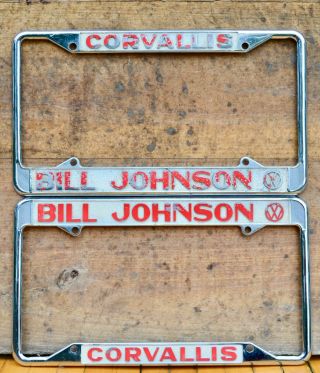 Set 2 Vtg Metal Dealer License Plate Frames Bill Johnson Vw Corvallis Volkswagen