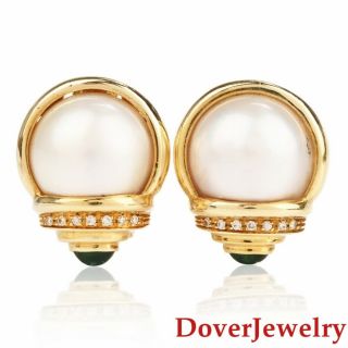 Estate Diamond Emerald Mabe Pearl 18k Yellow Gold Stud Earrings 14.  9 Grams Nr