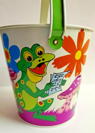 Frog Musicians Band Flowers Mushrooms Fun Ohio Art Vintage Tin Sand Pail Bucket