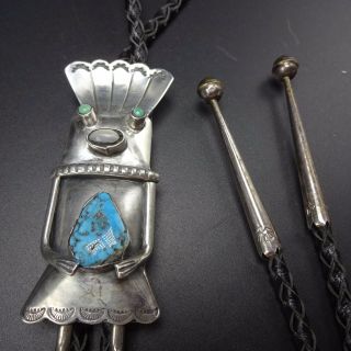Vintage Navajo Sterling Silver Kachina & Turquoise Bolo Tie,  Leather Cord