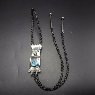 Vintage NAVAJO Sterling Silver KACHINA & TURQUOISE BOLO Tie,  Leather Cord 2