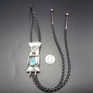 Vintage NAVAJO Sterling Silver KACHINA & TURQUOISE BOLO Tie,  Leather Cord 3