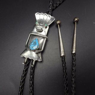 Vintage NAVAJO Sterling Silver KACHINA & TURQUOISE BOLO Tie,  Leather Cord 4