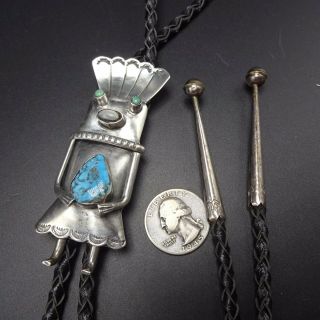 Vintage NAVAJO Sterling Silver KACHINA & TURQUOISE BOLO Tie,  Leather Cord 5