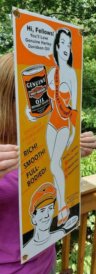 VINTAGE LARGE 24 X 10 HARLEY DAVIDSON PORCELAIN SIGN GIRL PINUP 8 - 59 3