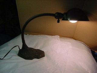 Antique Cast Iron Base Goose Neck Lamp With Metal Shade - -