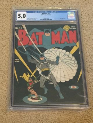 Batman 13 Cgc 5.  0 With Rare White Pages - Classic Parachute Cover