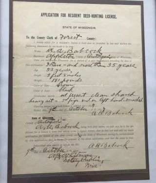 Ex Rare Wisconsin 1897 Application To Hunt Deer,  Notarized Dated 10/9/1897