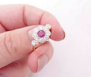 18ct Gold Diamond Ruby Ring,  Art Deco Design Cluster Ring 18k 750