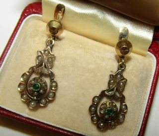 Rare,  Antique,  French,  Napoleonic,  Ca.  1860 18ct Gold Earrings / Emeralds & Pearls