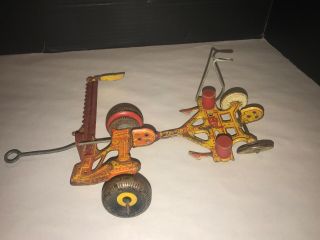 Vintage Marx Tin Litho Toy farm set Tractor Attachments Mower & Corn Planter 2
