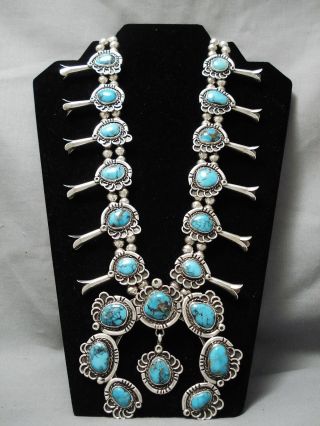 Xxl Huge Vintage Navajo Bisbee Turquoise Sterling Silver Squash Blossom Necklace
