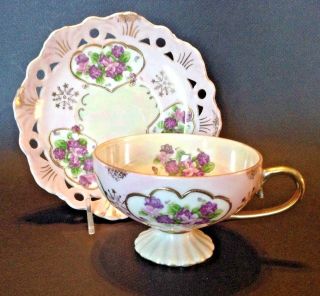 Pedestal Tea Cup And Reticulated Saucer - Purple Luster With Violets - Japan