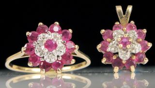 Vintage 10k Yellow Gold Matching Ruby & Diamond Ring Pendant Set Designed Signed