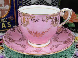Queen Anne Gold Gilt Floral Swags Candy Pink Tea Cup And Saucer Teacup