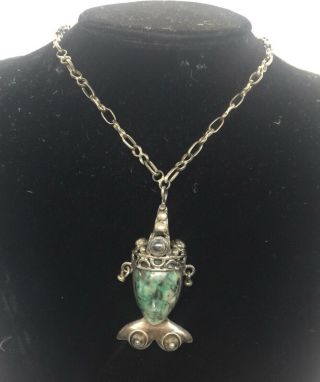 Los Ballesteros Vintage Mexican Sterling Silver Turquoise Mayan Bust Necklace