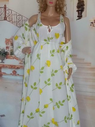 M Christian Dior Vintage Peignoir Set Yellow Rose Wide Bust Gown Wrap Robe