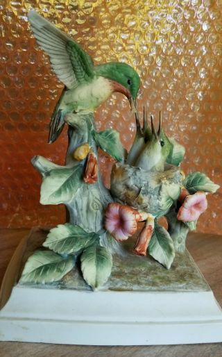 Porcelain Ruby Throated Humming Bird With Fledgling In Nest Vintage