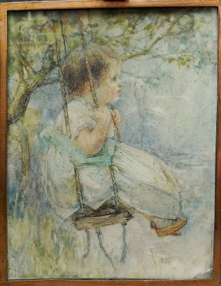 Antique Miniature Portrait Painting Girl On A Swing By Lilian Etherington C1890