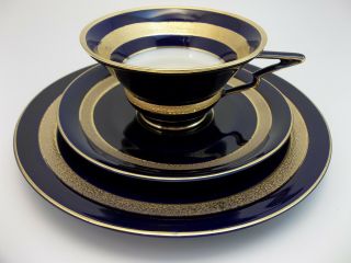 Cobalt Blue Tea Cup Saucer Set Gold Encrusted Bread Plate German Trio Porcelain