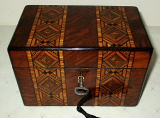 LOVELY SMALL (7 inches wide) ANTIQUE WALNUT BANDED TEA CADDY with key 3