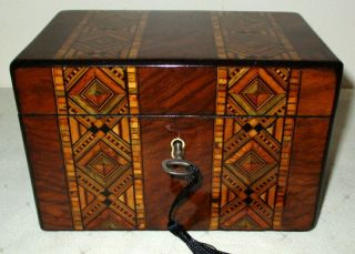 LOVELY SMALL (7 inches wide) ANTIQUE WALNUT BANDED TEA CADDY with key 4