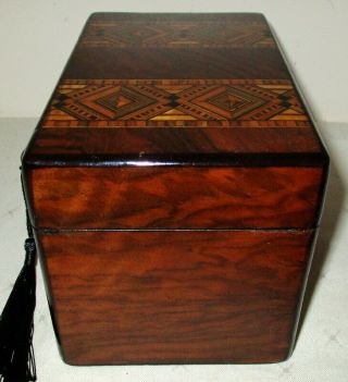 LOVELY SMALL (7 inches wide) ANTIQUE WALNUT BANDED TEA CADDY with key 7