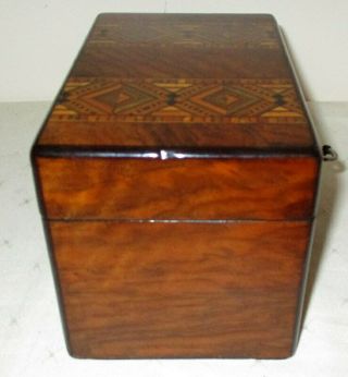 LOVELY SMALL (7 inches wide) ANTIQUE WALNUT BANDED TEA CADDY with key 9