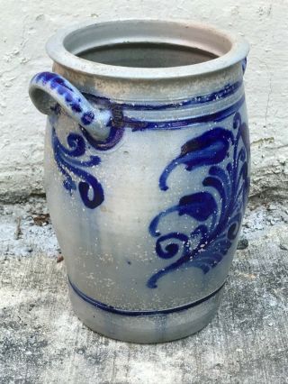Cobalt Floral Design 2 Gallon Antique Double Handle Stoneware Pottery Crock