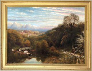 Cattle In River Landscape Antique Oil Painting By Charles France (fl.  1887 - 1892)