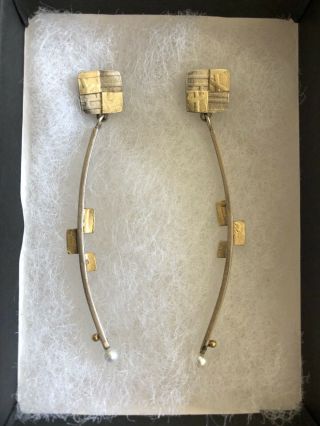 Sydney Lynch Modernist Earrings Sterling Silver 18k Gold W/pearl Artisan Signed