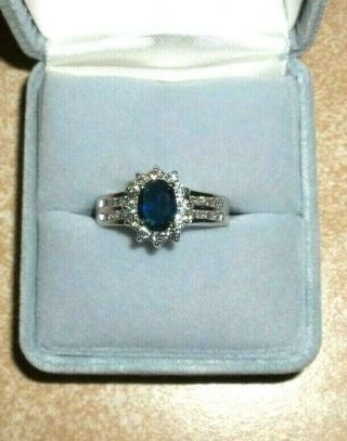 Vintage 10k White Gold Oval Halo Blue Sapphire And Diamond Engagement Ring