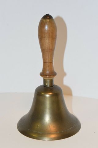 Antique School House Teacher’s Hand Bell Solid Brass Wood Handle 7.  5 "