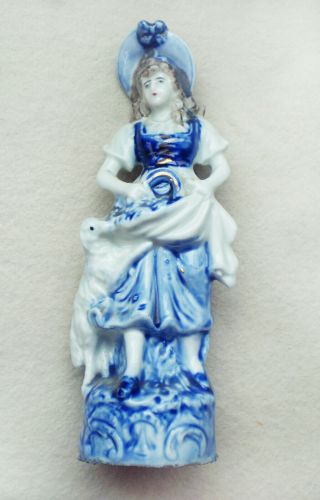 Antique Staffordshire Figurine Little Bo Peep Girl With Lamb Blue & White