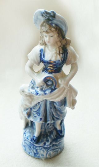 Antique STAFFORDSHIRE Figurine Little Bo Peep GIRL with Lamb Blue & White 2