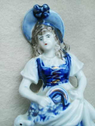 Antique STAFFORDSHIRE Figurine Little Bo Peep GIRL with Lamb Blue & White 3