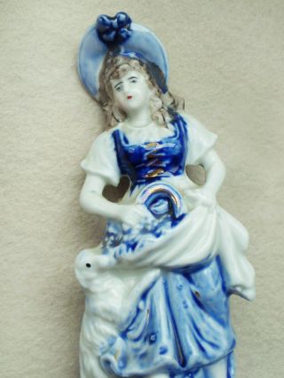 Antique STAFFORDSHIRE Figurine Little Bo Peep GIRL with Lamb Blue & White 4