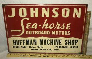 Antique Johnson Sea - Horse Outboard Motor Tin Litho Boat Sign Monticello In Shop