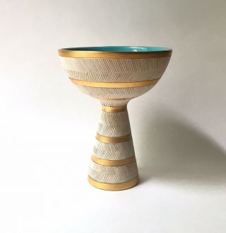 Vintage Bitossi Pottery White Gold & Turquoise Seta Compote Bowl,  1950s Italy 2
